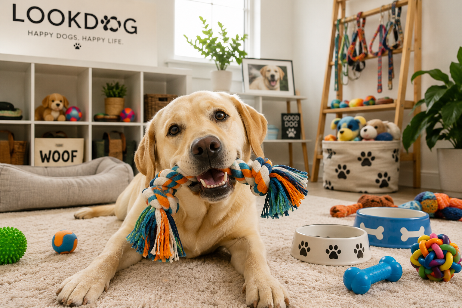 Happy Labrador with toys