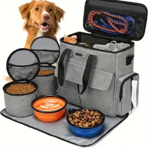 Six piece dog travel bag organiser set with food containers