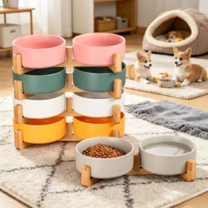Ceramic double dog bowl set with wooden stand