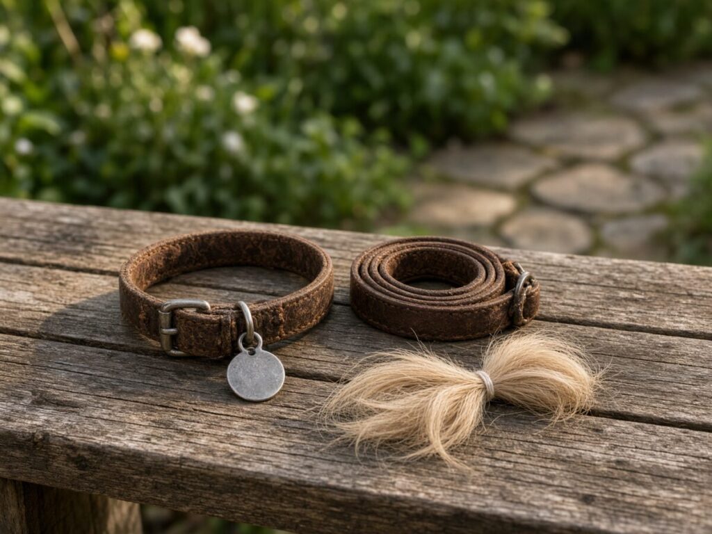 A worn leather dog collar with a round tag, a coiled lead and a lock of pale dog hair tied with thread, on a wooden garden bench